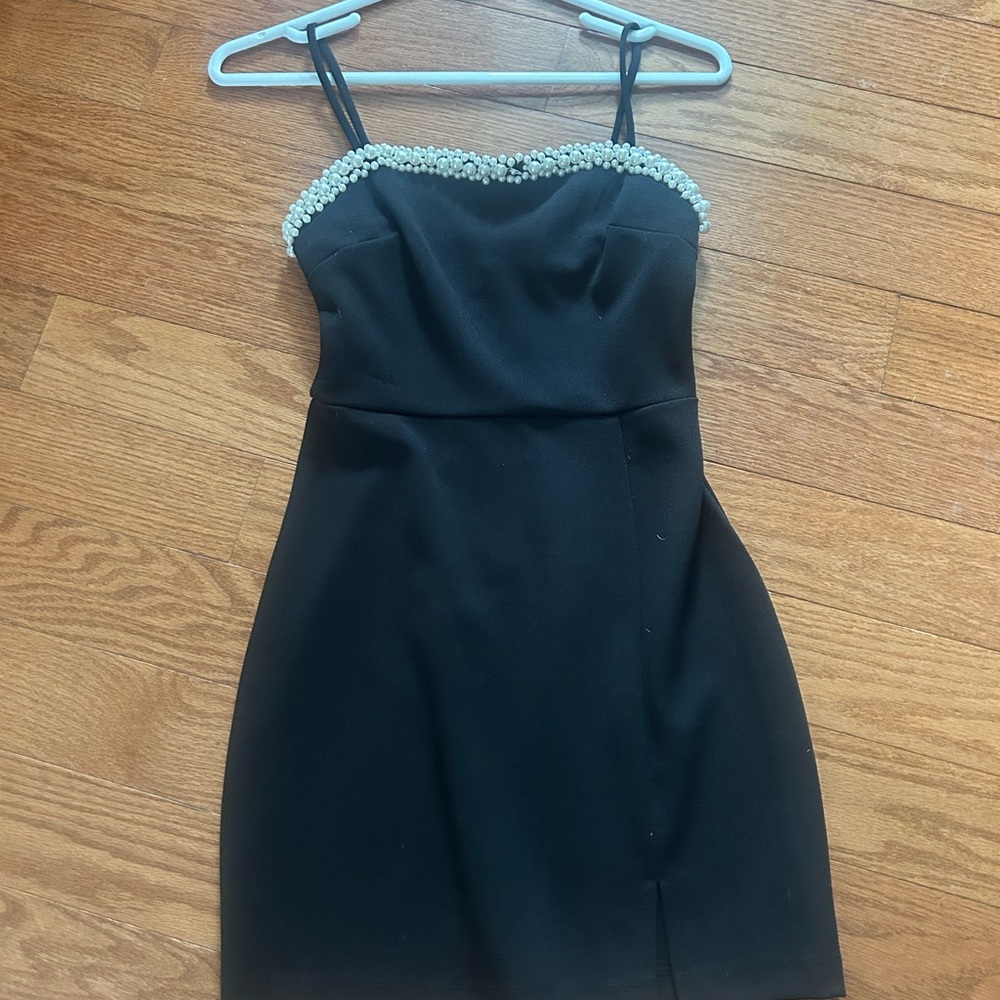 B Darlin Elegant Black Mini Dress with Pearl Details